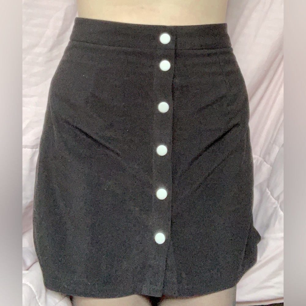 Black Button Down Mini Skirt in Black with White Buttons